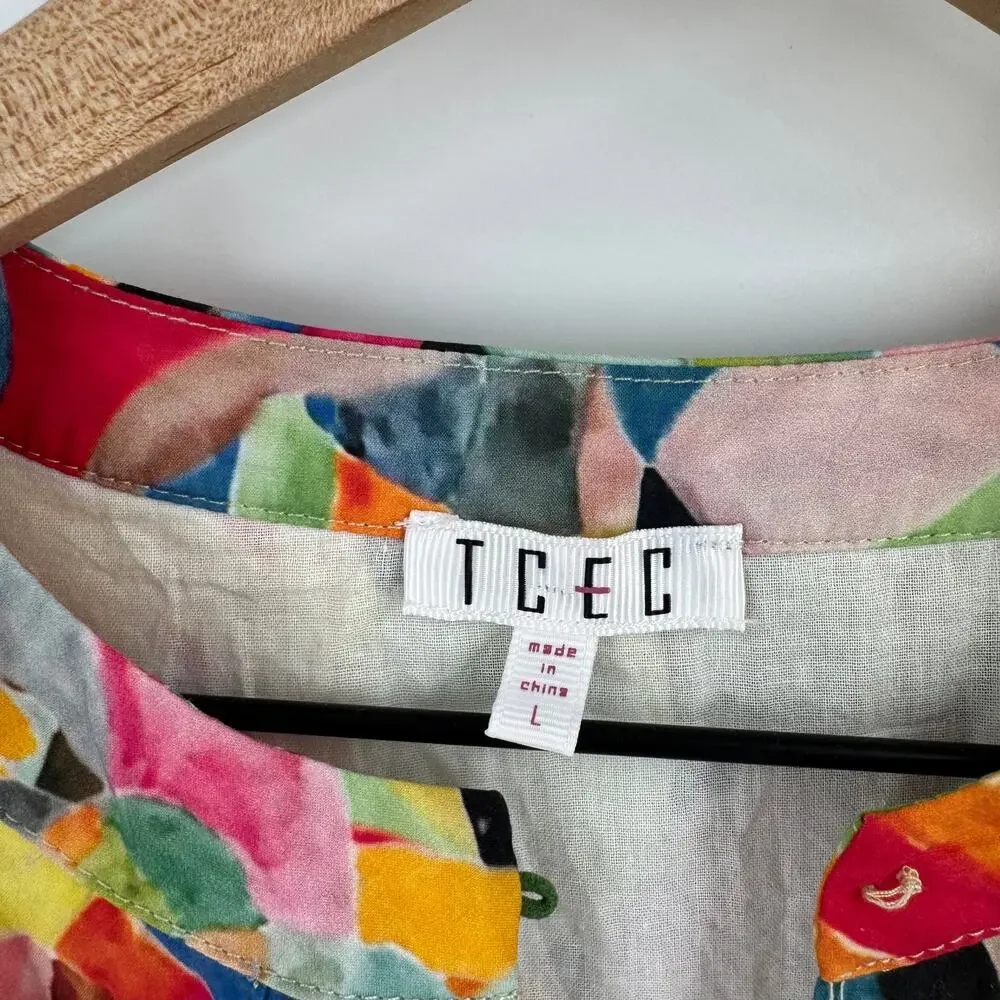 TCEC Vibrant Abstract A-Line Cotton Dress Colorful Tiered Mini Ruffle Size L - Picture 3 of 9